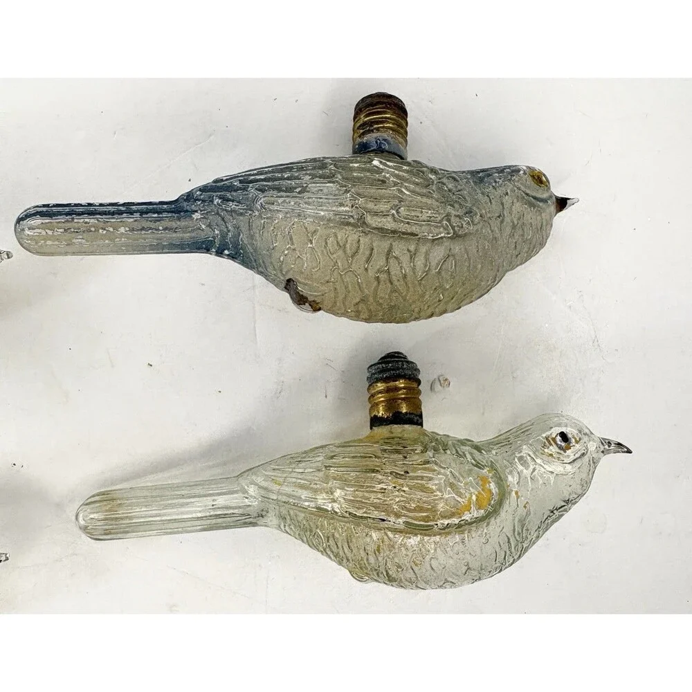 Bird Light Bulb Ornament Clear Glass Painted Blue Old• 5 Pc • Christmas Vintage
